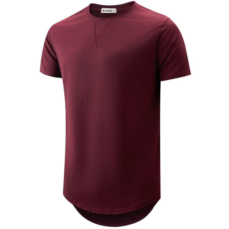 KLIEGOU Mens 100% Cotton Hipster Hip Hop Longline Crewneck T-Shirt (X-Large, Red Wine) - Image 1
